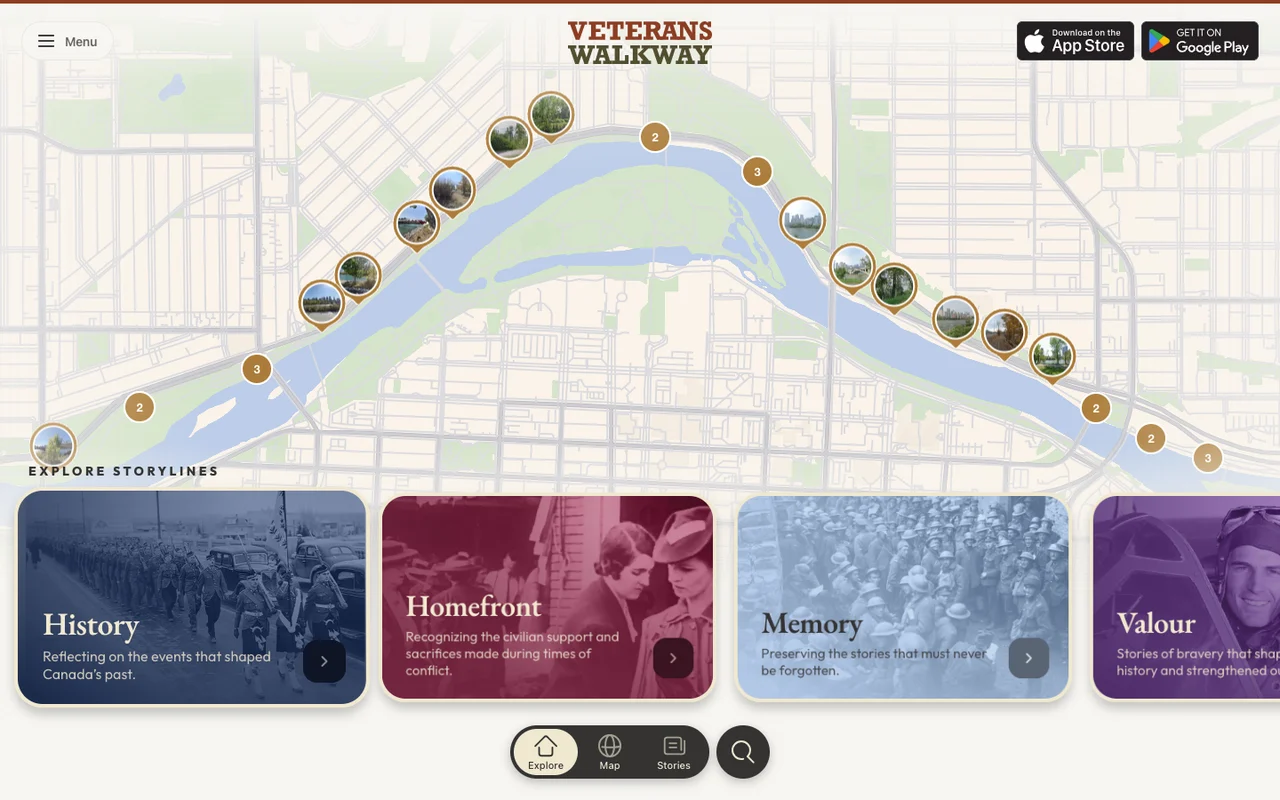 The desktop version of the app: the walkway map with a photo pin for each medallion, above the storylines to explore